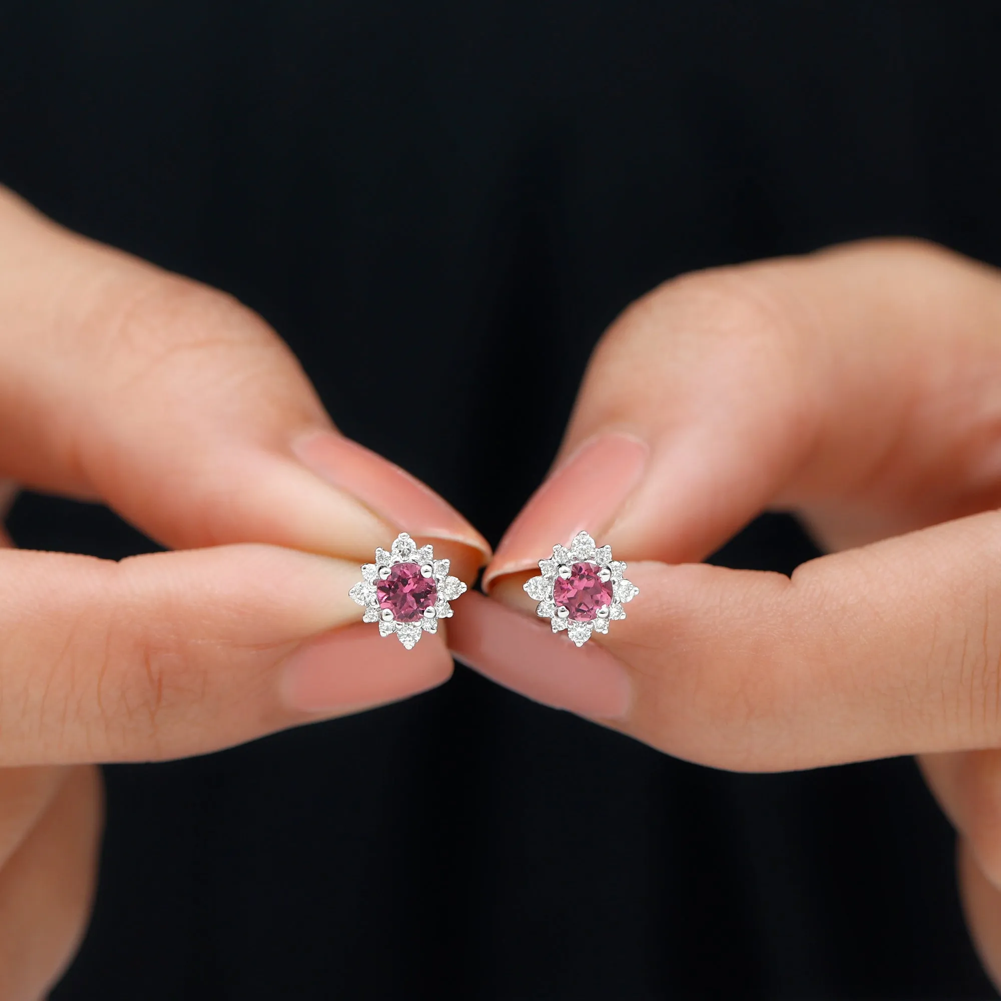 1 CT Classic Pink Tourmaline Stud Earrings with Diamond Halo