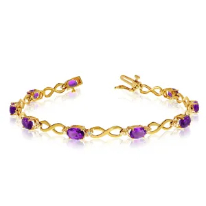 10K Yellow Gold Oval Amethyst Stones And Diamonds Infinity Tennis Bracelet, 7"