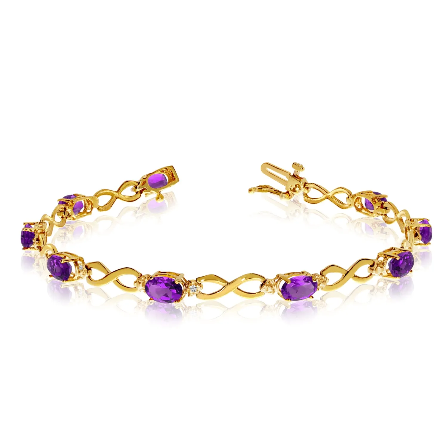 10K Yellow Gold Oval Amethyst Stones And Diamonds Infinity Tennis Bracelet, 7"