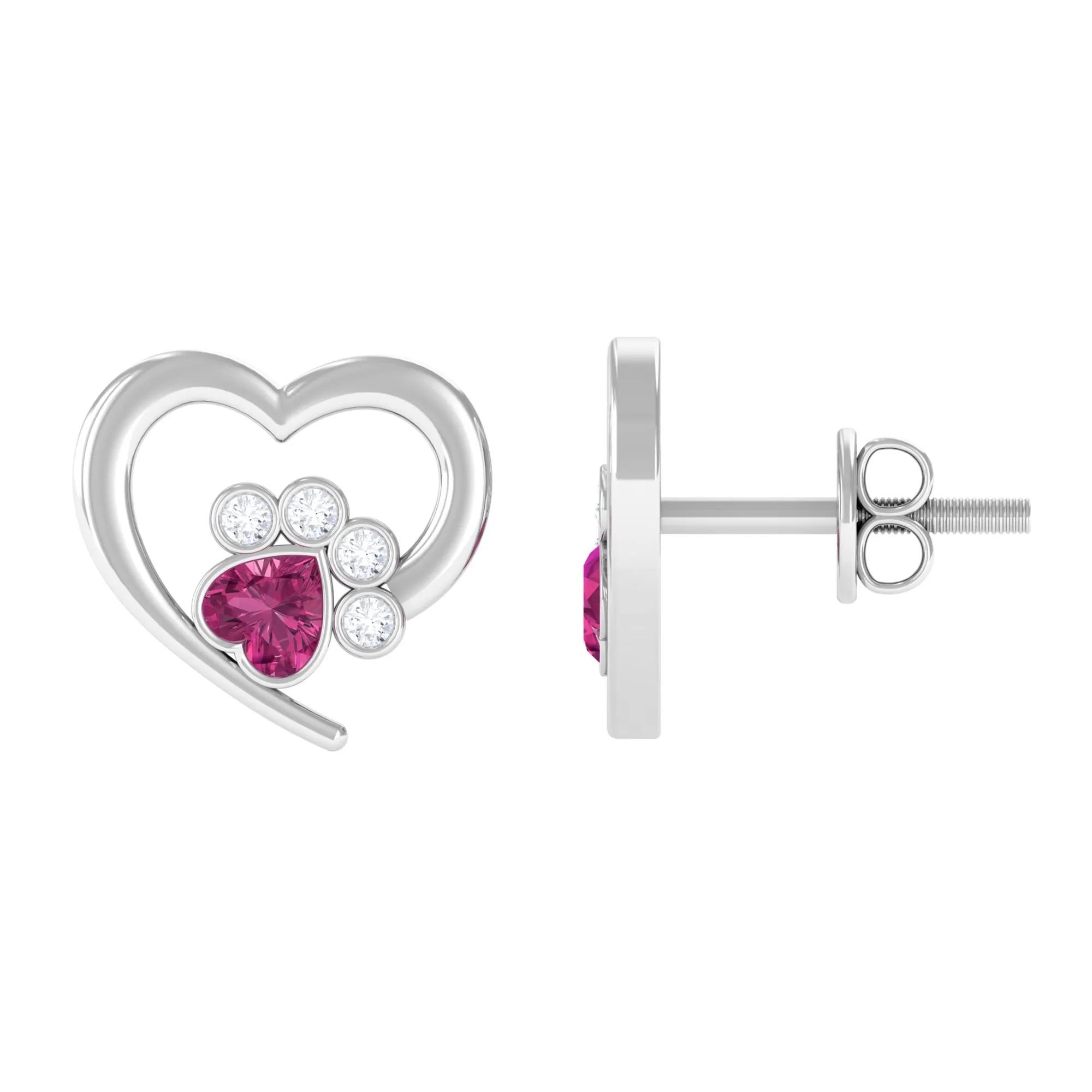 1/2 CT Heart Shape Pink Tourmaline and Diamond Dog Paw Stud Earrings