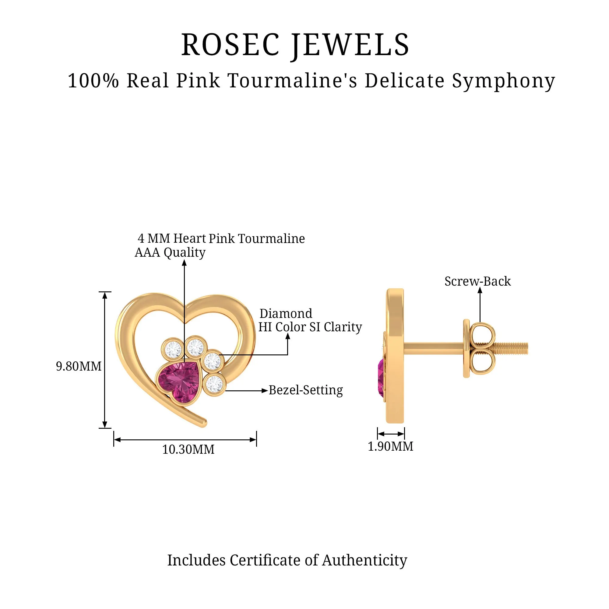 1/2 CT Heart Shape Pink Tourmaline and Diamond Dog Paw Stud Earrings