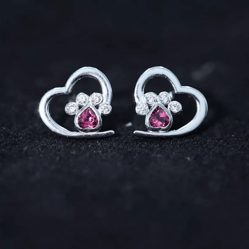 1/2 CT Heart Shape Pink Tourmaline and Diamond Dog Paw Stud Earrings