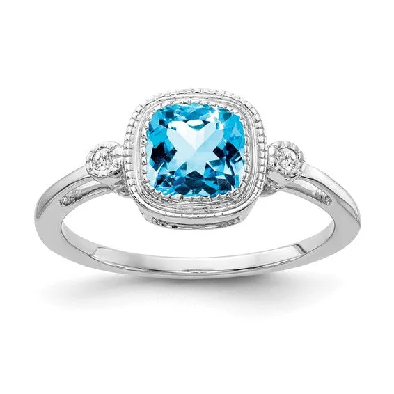 14k Gold Cushion Cut Swiss Blue Topaz and Diamond Ring