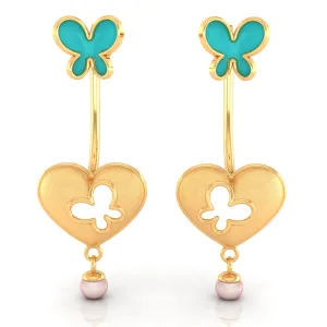 14k Heart-shaped Dangler Gold Earrings With Butterflies And Pearl Drop