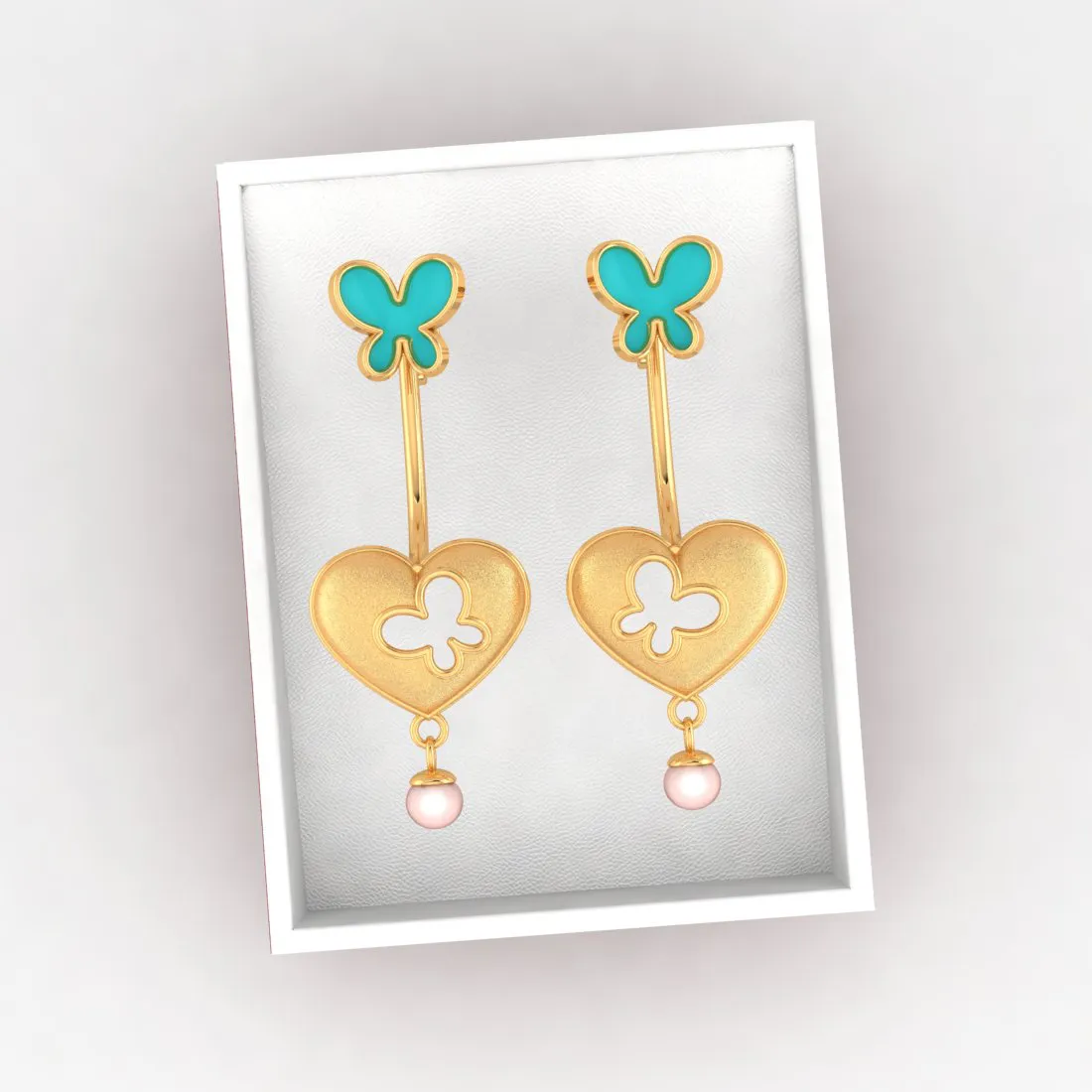 14k Heart-shaped Dangler Gold Earrings With Butterflies And Pearl Drop