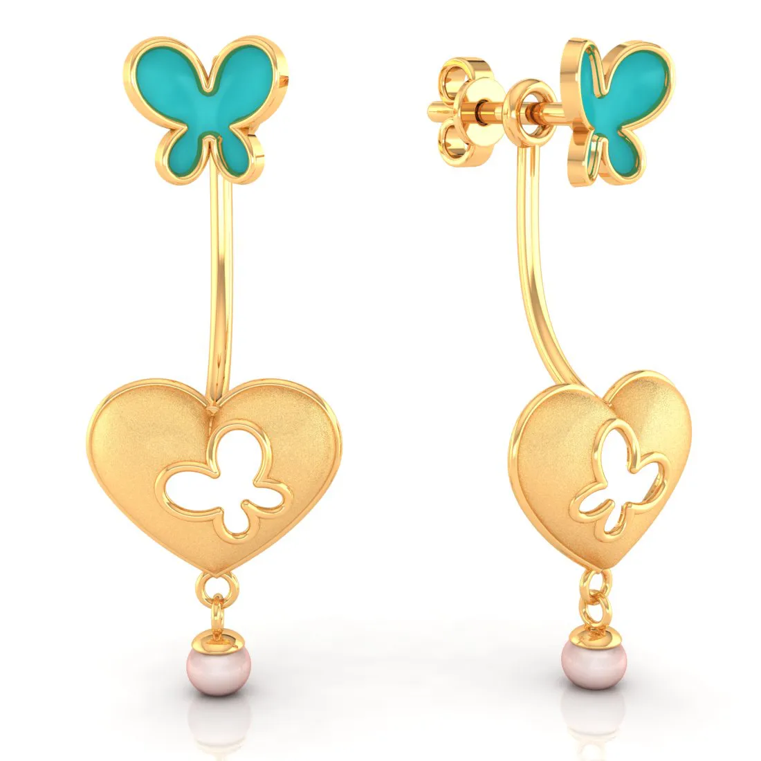 14k Heart-shaped Dangler Gold Earrings With Butterflies And Pearl Drop