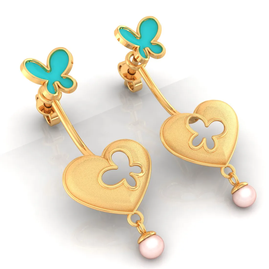 14k Heart-shaped Dangler Gold Earrings With Butterflies And Pearl Drop