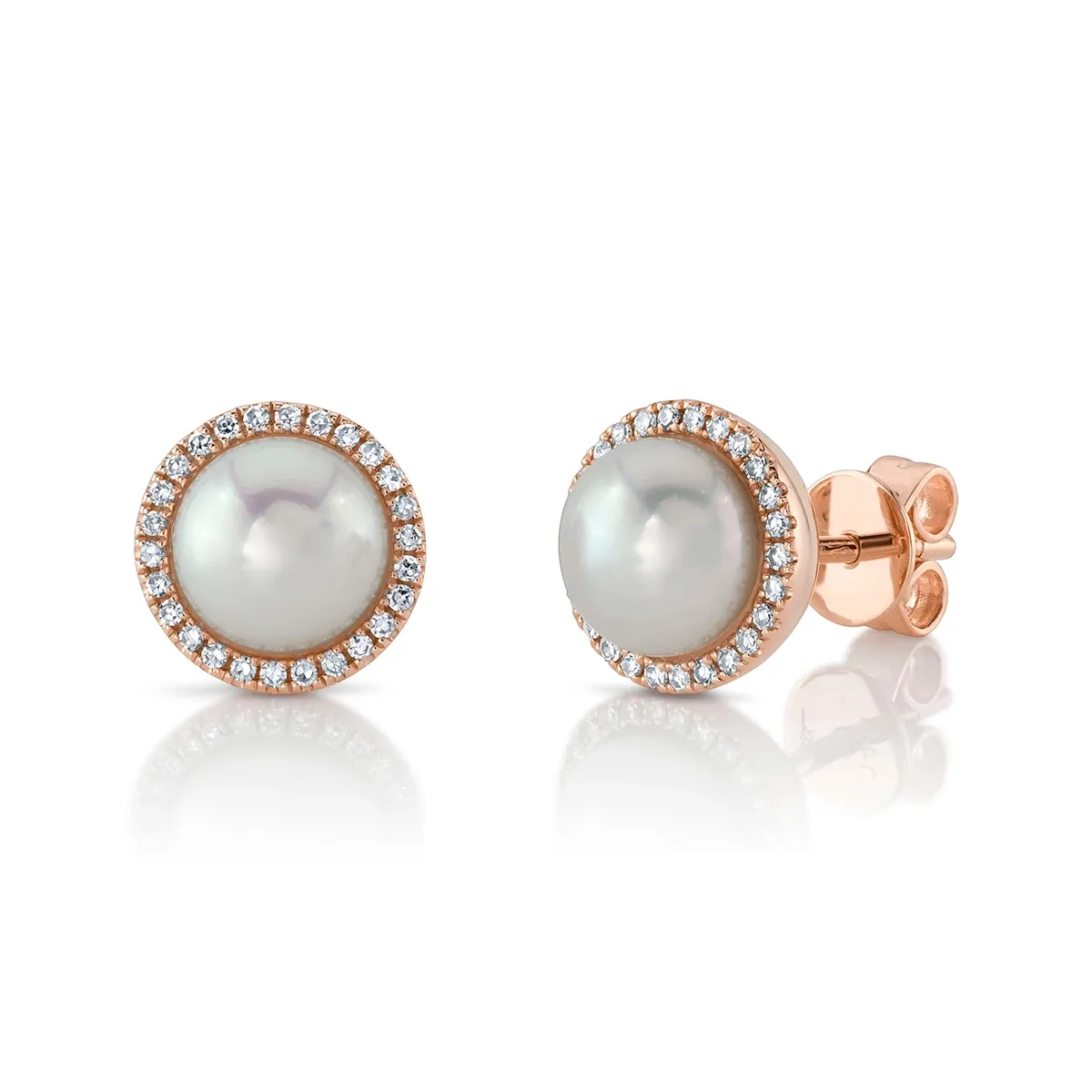 14K Rose Gold Cultured Pearl Stud Earrings with Diamond Halo