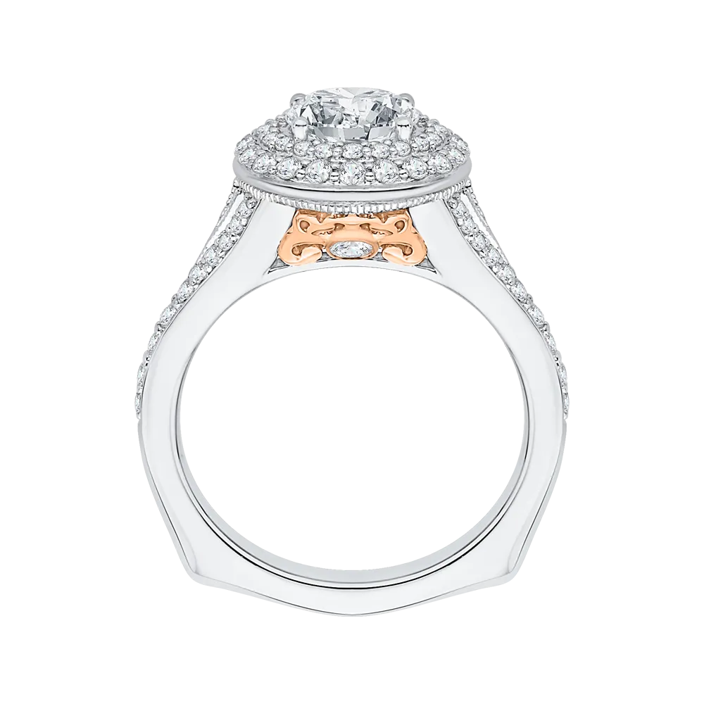 14K Two Tone Gold Round Diamond Double Halo Engagement Ring with Split Shank (Semi Mount)