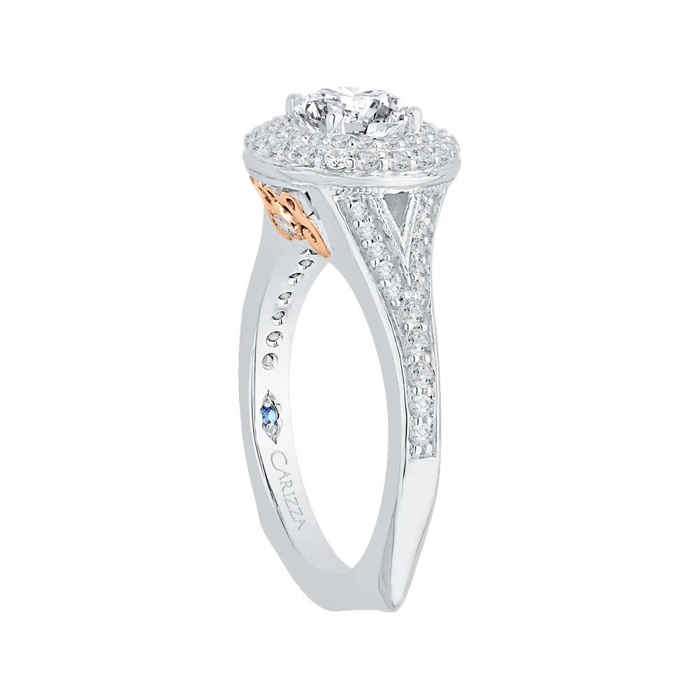 14K Two Tone Gold Round Diamond Double Halo Engagement Ring with Split Shank (Semi Mount)