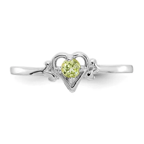 14k White Gold Genuine Peridot August Birthstone Heart Ring