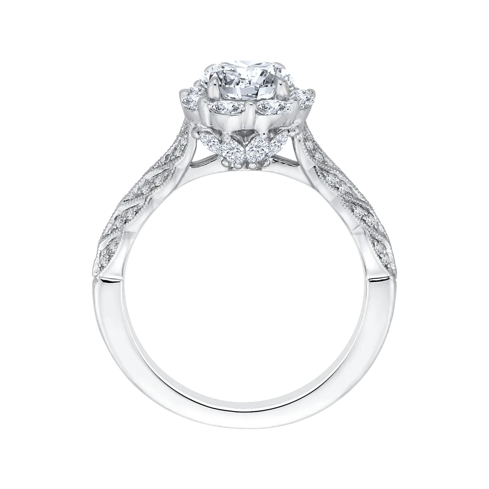 14K White Gold Round Diamond Floral Halo Engagement Ring (Semi Mount)