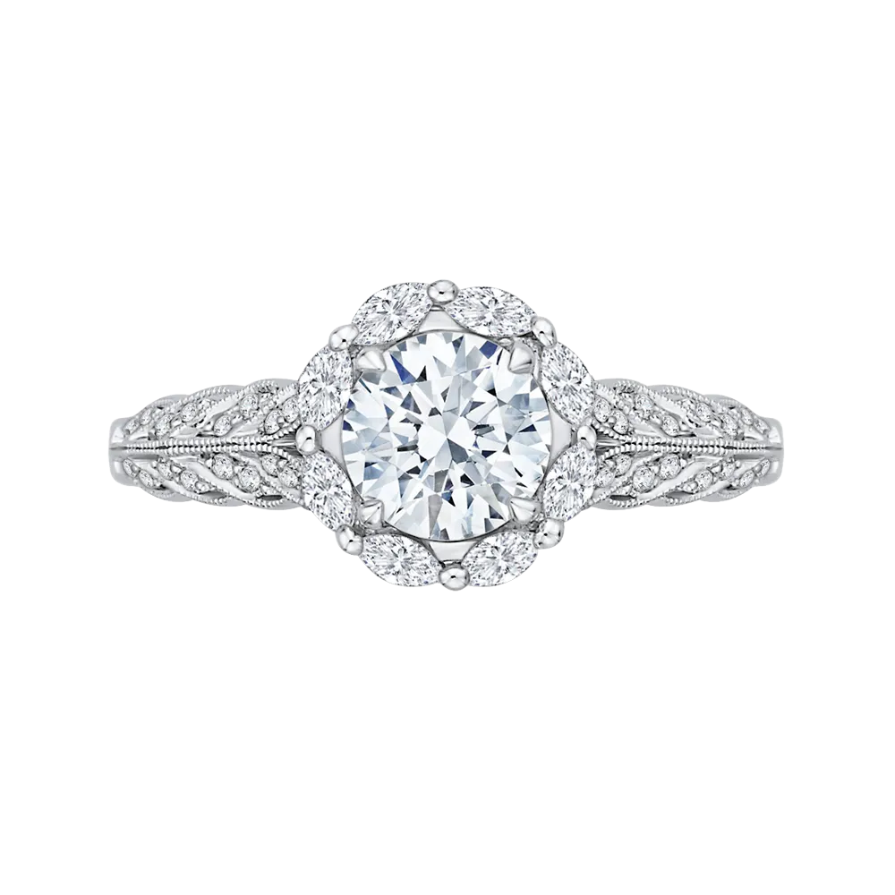 14K White Gold Round Diamond Floral Halo Engagement Ring (Semi Mount)