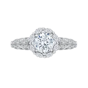 14K White Gold Round Diamond Floral Halo Engagement Ring (Semi Mount)