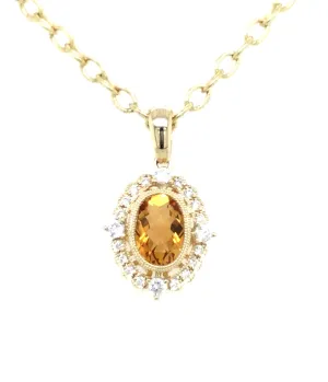 14K Yellow Citrine and Natural Diamond Pendant