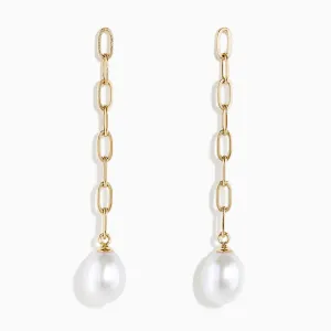 14K Yellow Gold Freshwater Pearl Paperclip Chain Drop Earrings