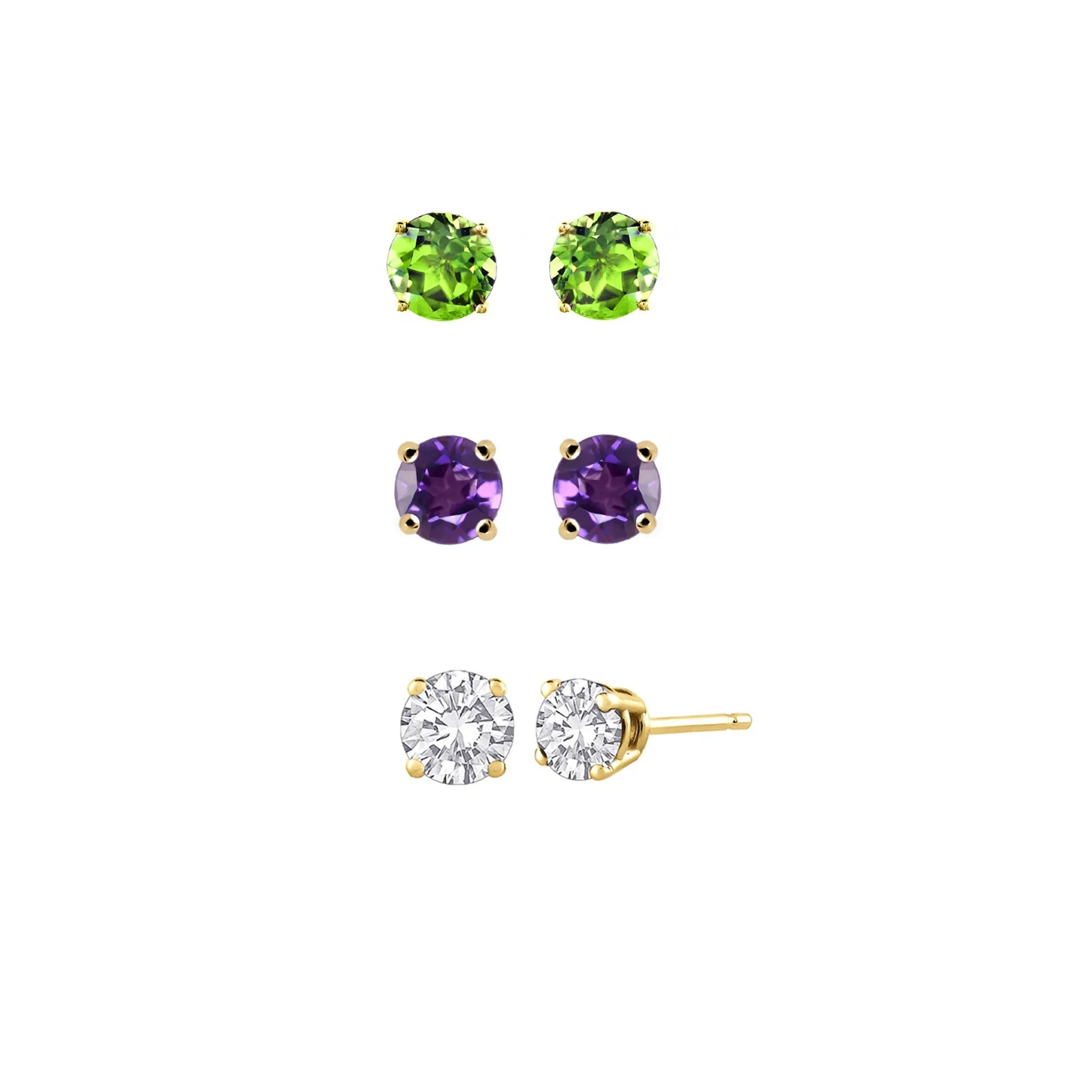 14k Yellow Gold Plated 1/2Ct Created Peridot, Amethyst and White Sapphire 3 Pair Round Stud Earrings