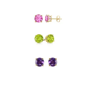 14k Yellow Gold Plated 4Ct Created Pink Sapphire, Peridot and Amethyst 3 Pair Round Stud Earrings