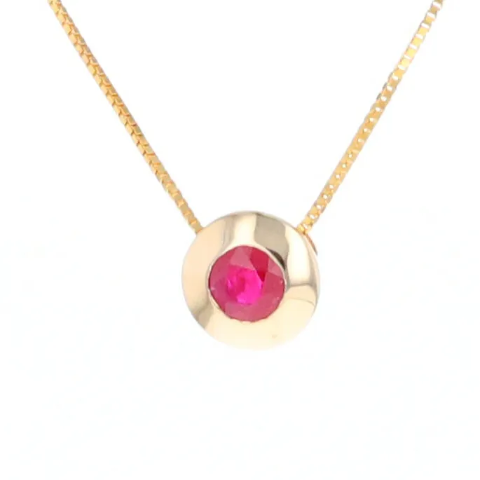 14KT Yellow Gold Round Brilliant Cut Ruby Bezel Set Solitaire Necklace