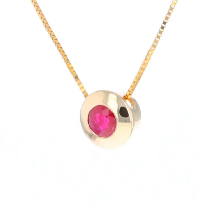 14KT Yellow Gold Round Brilliant Cut Ruby Bezel Set Solitaire Necklace