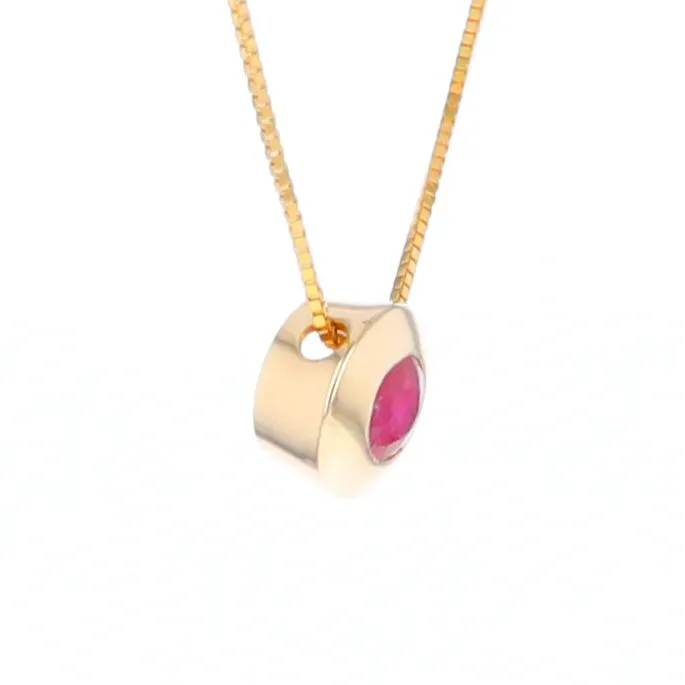 14KT Yellow Gold Round Brilliant Cut Ruby Bezel Set Solitaire Necklace