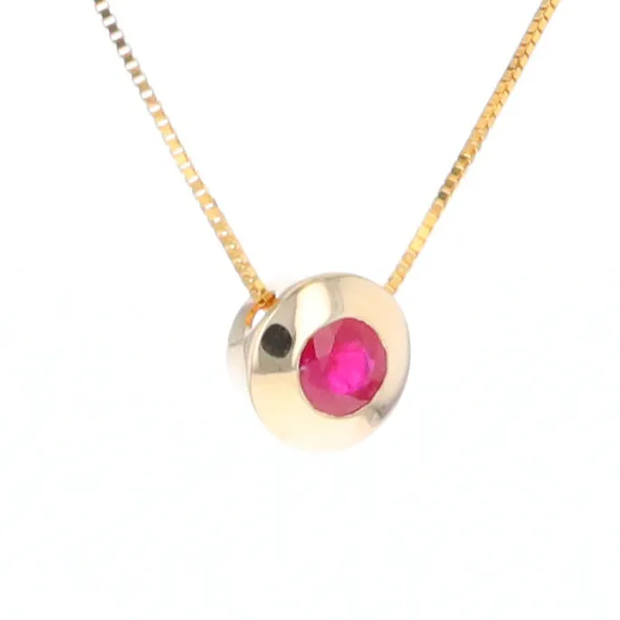 14KT Yellow Gold Round Brilliant Cut Ruby Bezel Set Solitaire Necklace