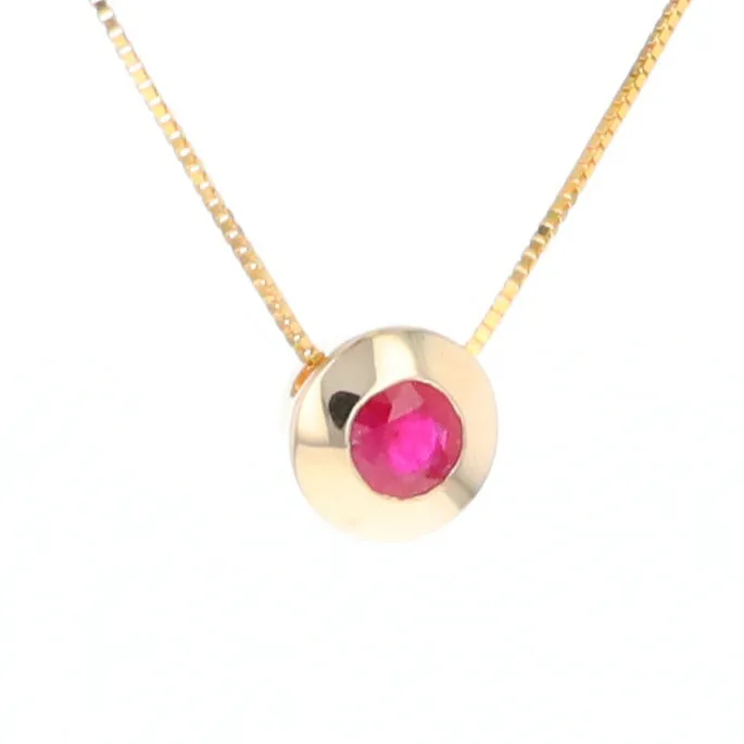 14KT Yellow Gold Round Brilliant Cut Ruby Bezel Set Solitaire Necklace