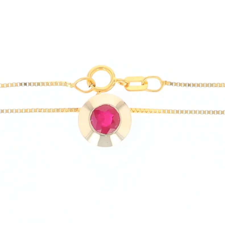 14KT Yellow Gold Round Brilliant Cut Ruby Bezel Set Solitaire Necklace