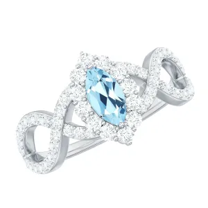 1.5 Ct Aquamarine Crossover Engagement Ring with Diamond