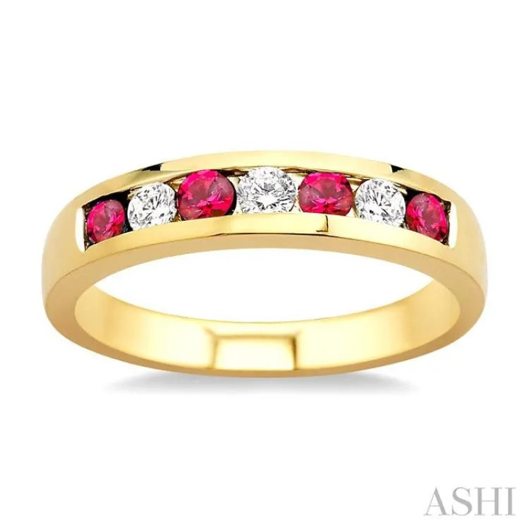 1/5 Ctw Channel Set Round Cut Diamond and 2.5 MM Round Cut Ruby Band in 14K Yellow Gold