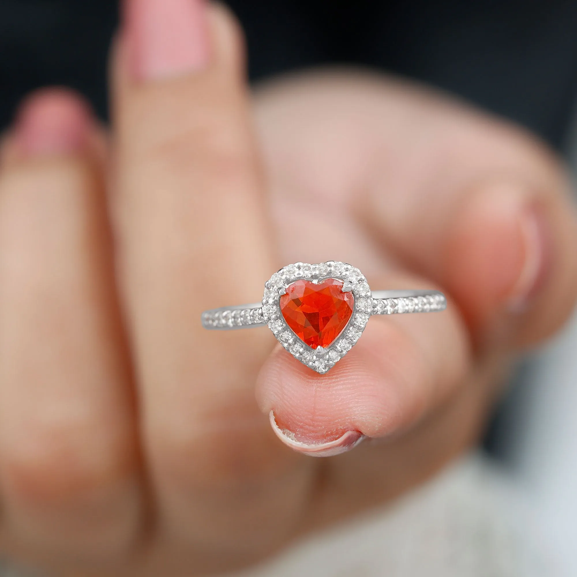 1.50 CT Heart Shape Fire Opal Engagement Ring with Diamond Accent