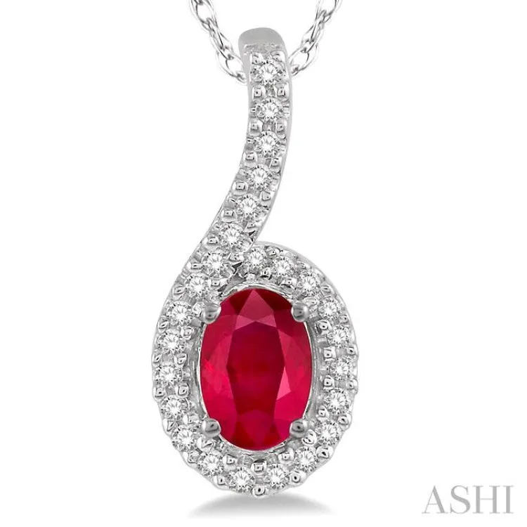 1/8 Ctw Oval Shape 6x4 MM Ruby & Round Cut Diamond Precious Pendant in 10K White Gold