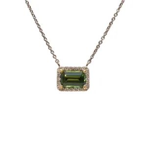 18ct White Gold Diamond Halo Pendant with Emerald Cut Green Peridot