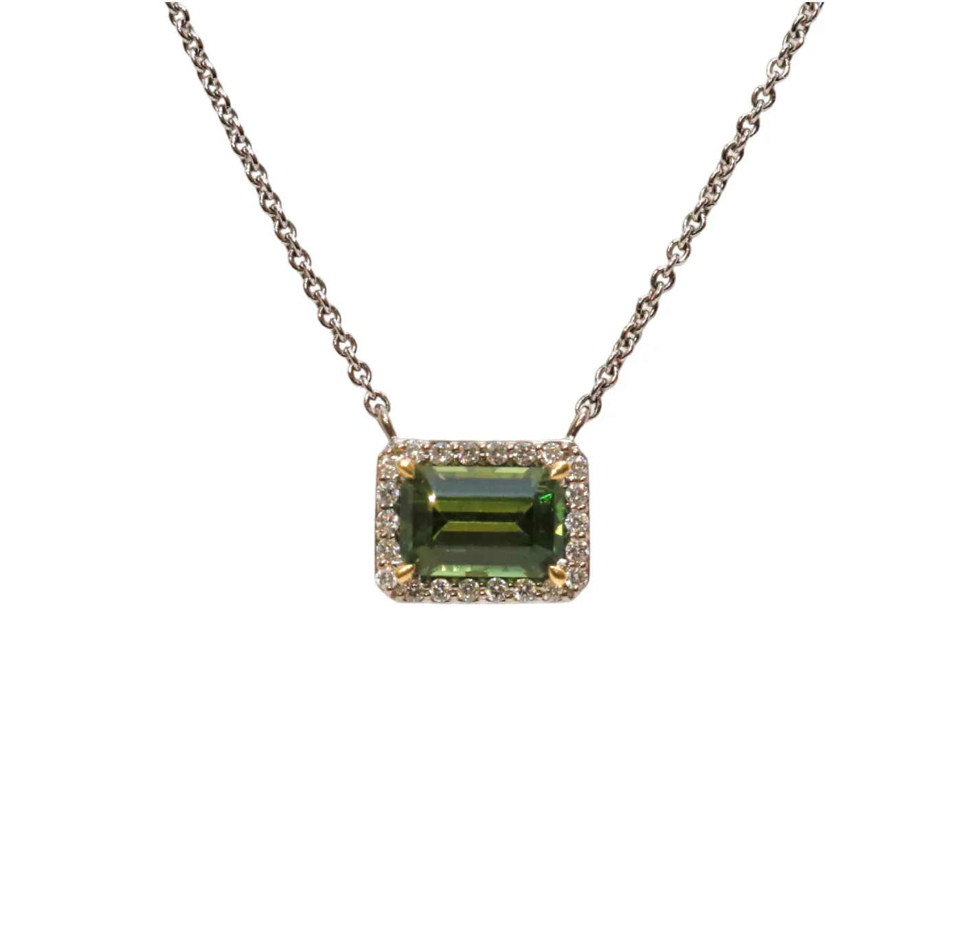 18ct White Gold Diamond Halo Pendant with Emerald Cut Green Peridot