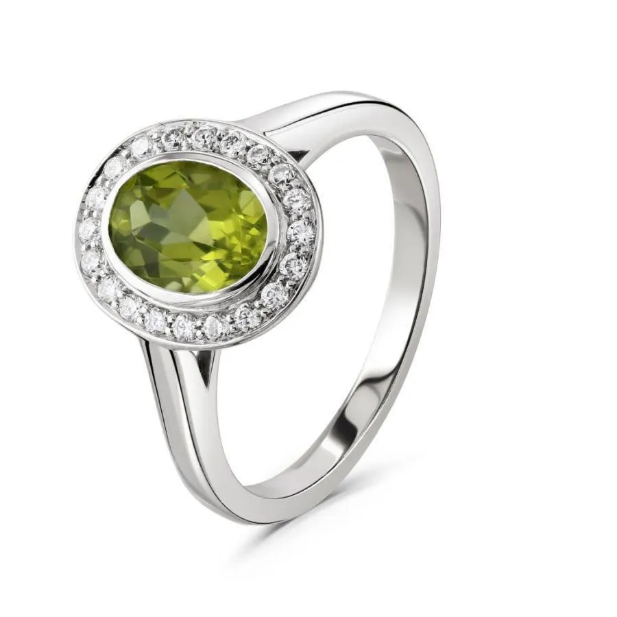 18ct White Gold Oval Cut Peridot & Diamond Halo Cluster Ring