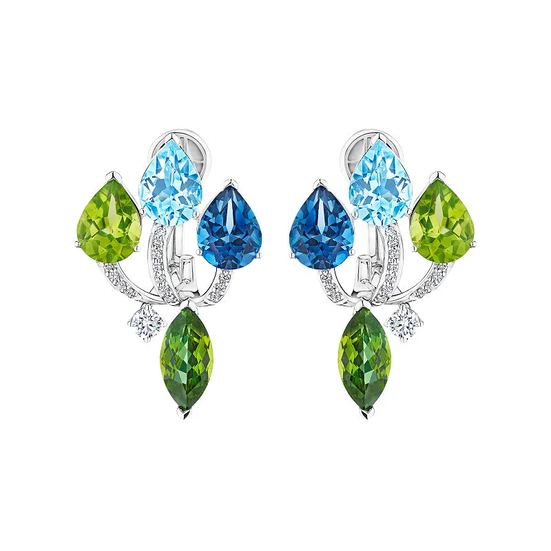 18k Amazonia (cocar) White Gold Earring With 0.28 Cts Vs-Gh Diamonds  And Topaz And Peridot And Tourmaline