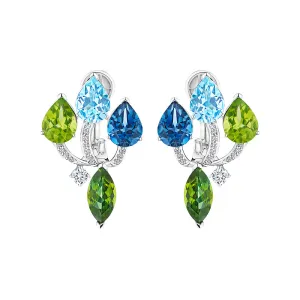 18k Amazonia (cocar) White Gold Earring With 0.28 Cts Vs-Gh Diamonds  And Topaz And Peridot And Tourmaline