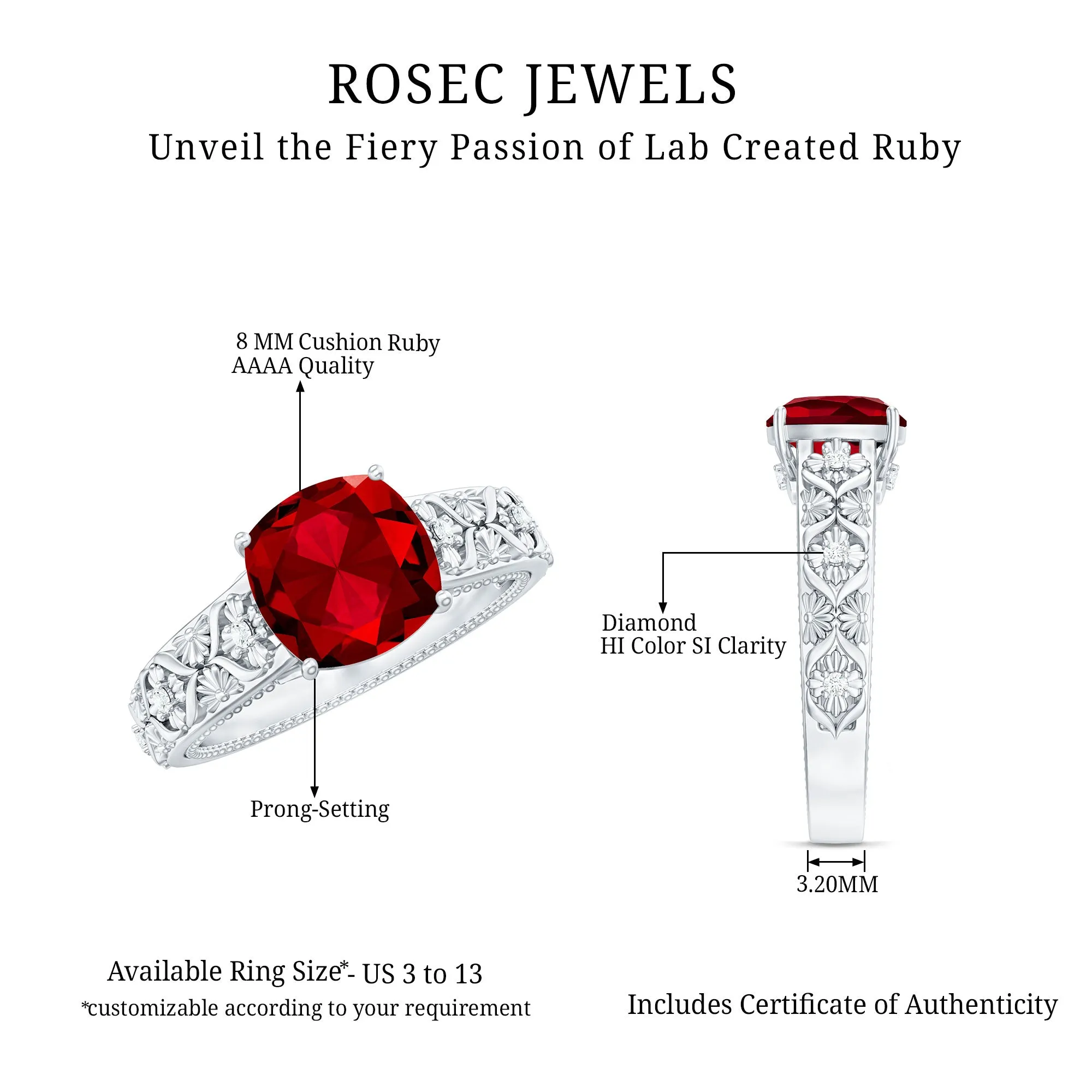 2 CT Cushion Cut Lab Created Ruby Solitaire Ring