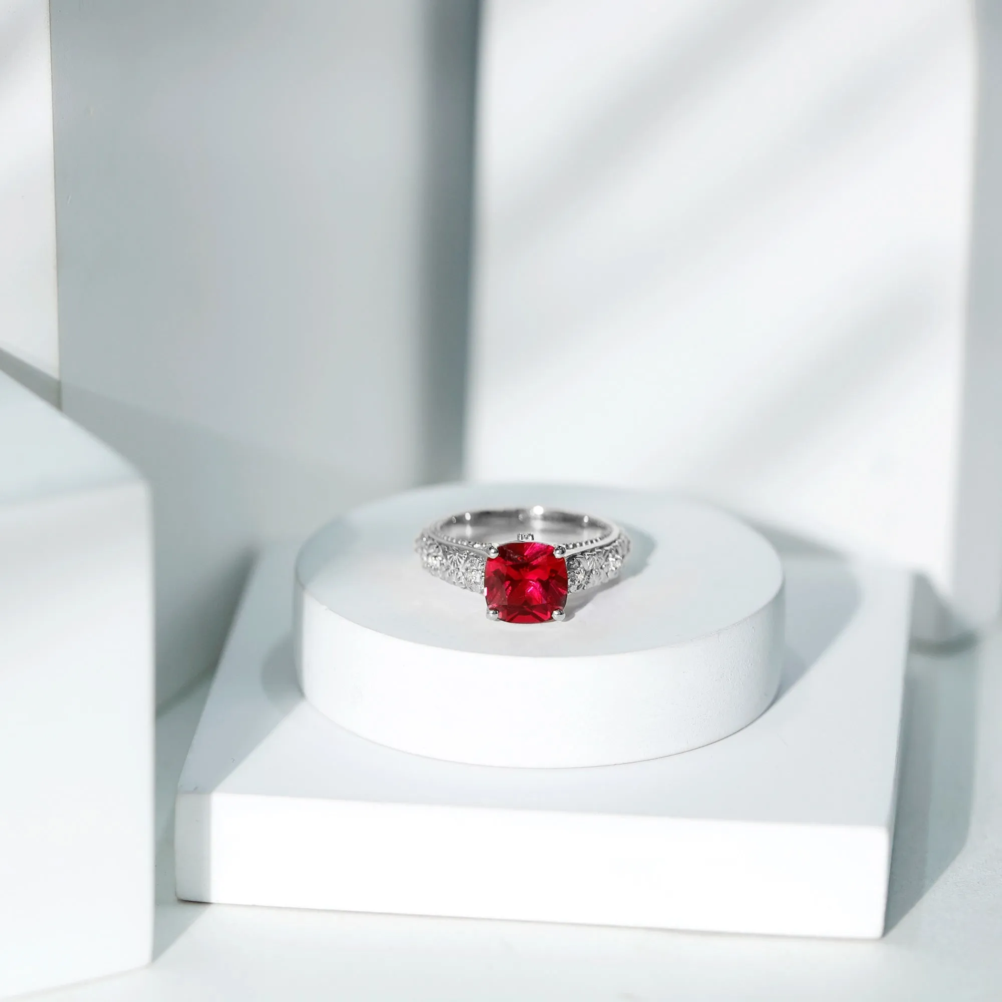 2 CT Cushion Cut Lab Created Ruby Solitaire Ring