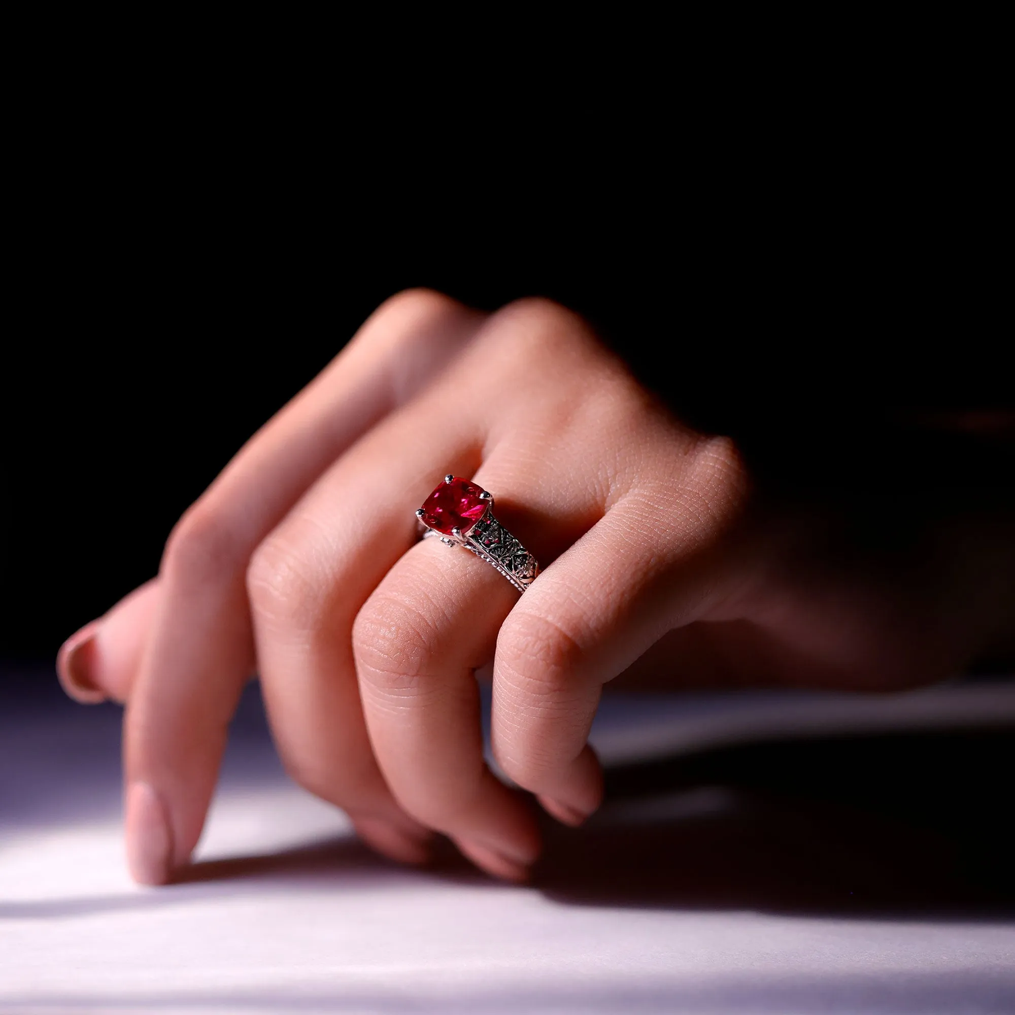 2 CT Cushion Cut Lab Created Ruby Solitaire Ring