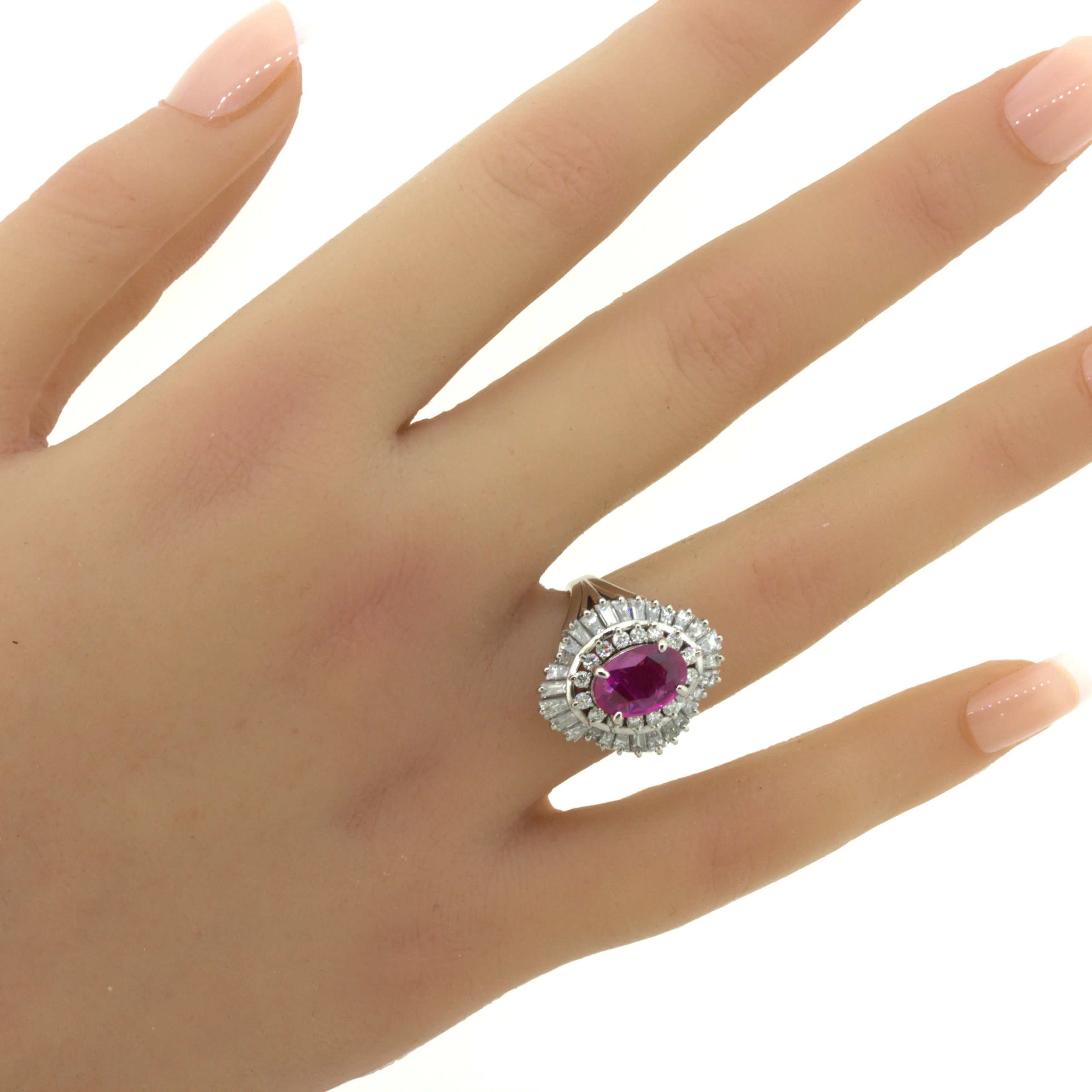 2.31 Carat No-Heat Burmese Ruby Diamond Platinum Ballerina Ring, AIGS Certified