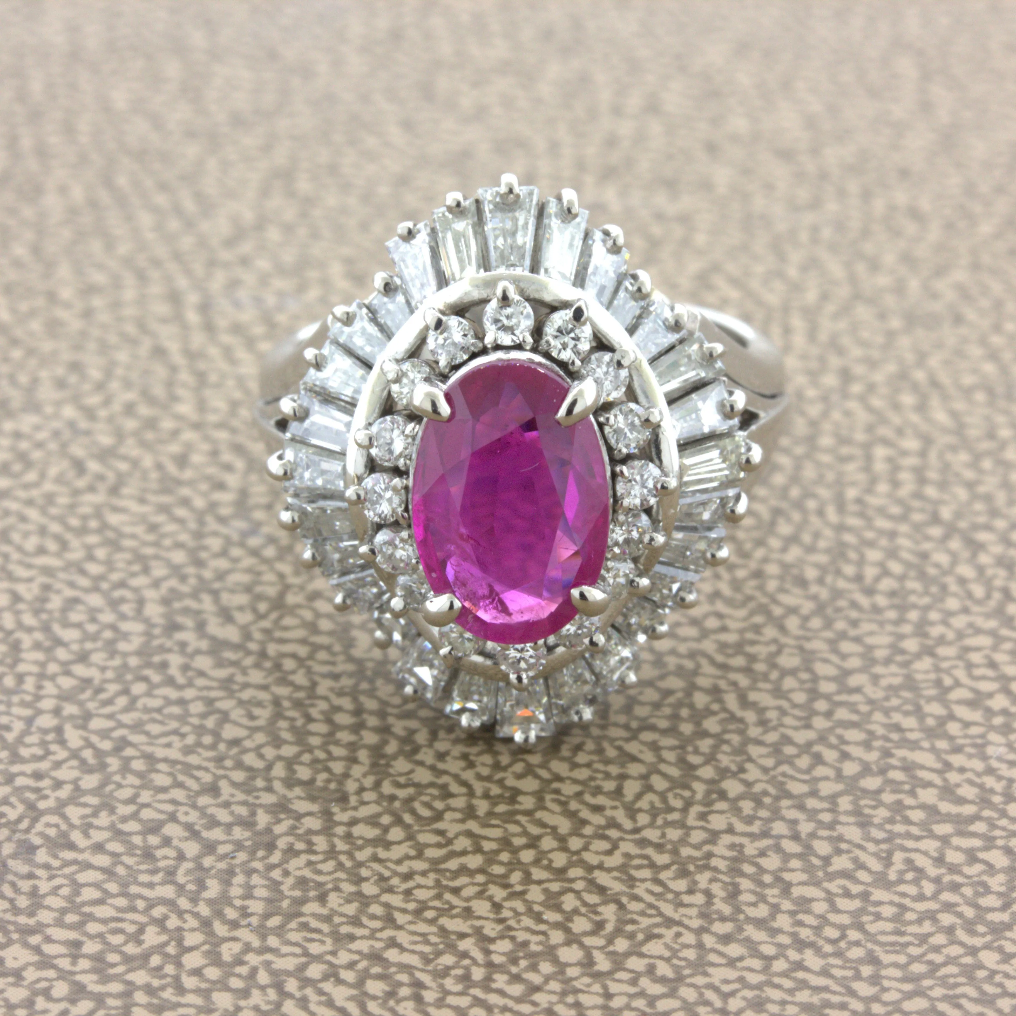 2.31 Carat No-Heat Burmese Ruby Diamond Platinum Ballerina Ring, AIGS Certified