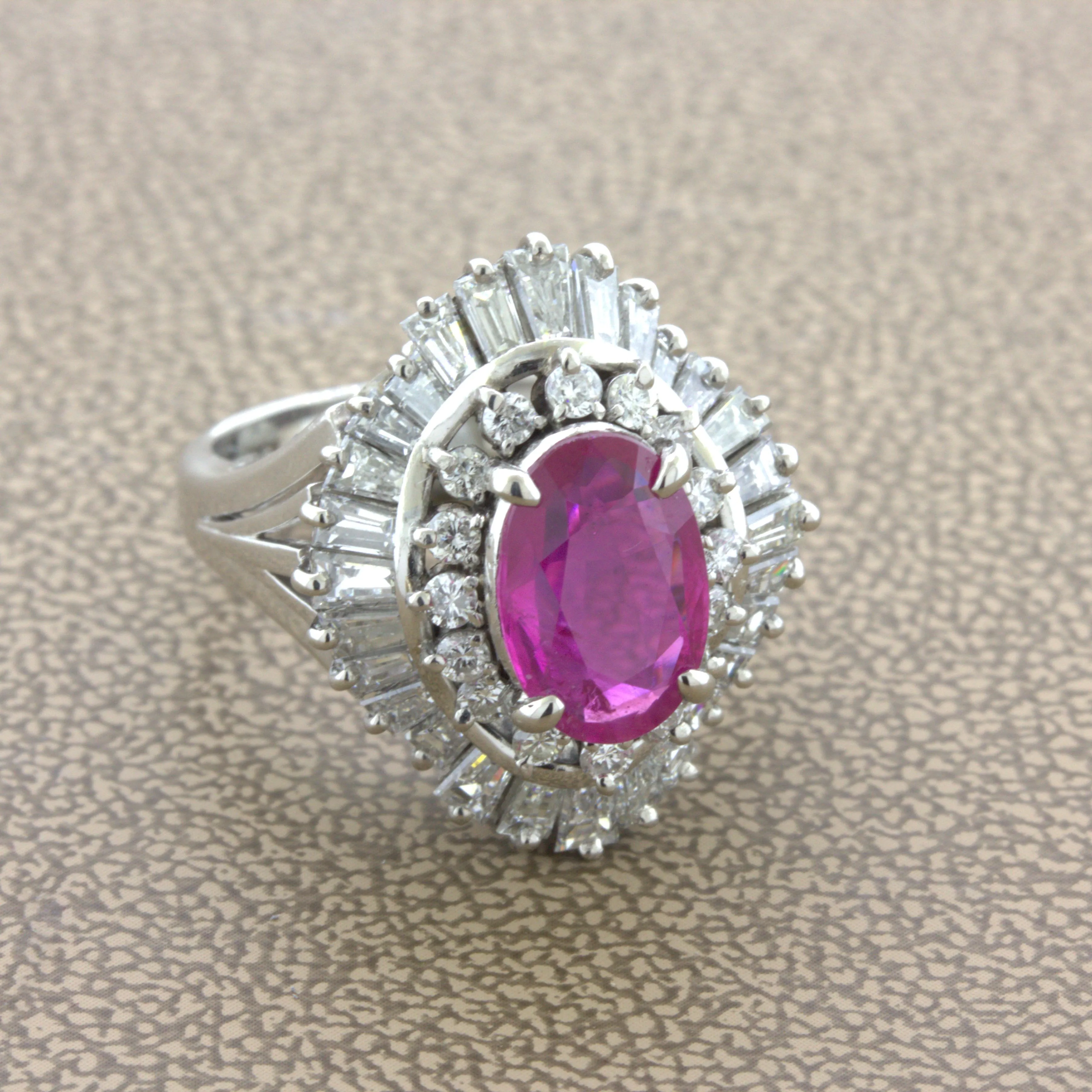 2.31 Carat No-Heat Burmese Ruby Diamond Platinum Ballerina Ring, AIGS Certified