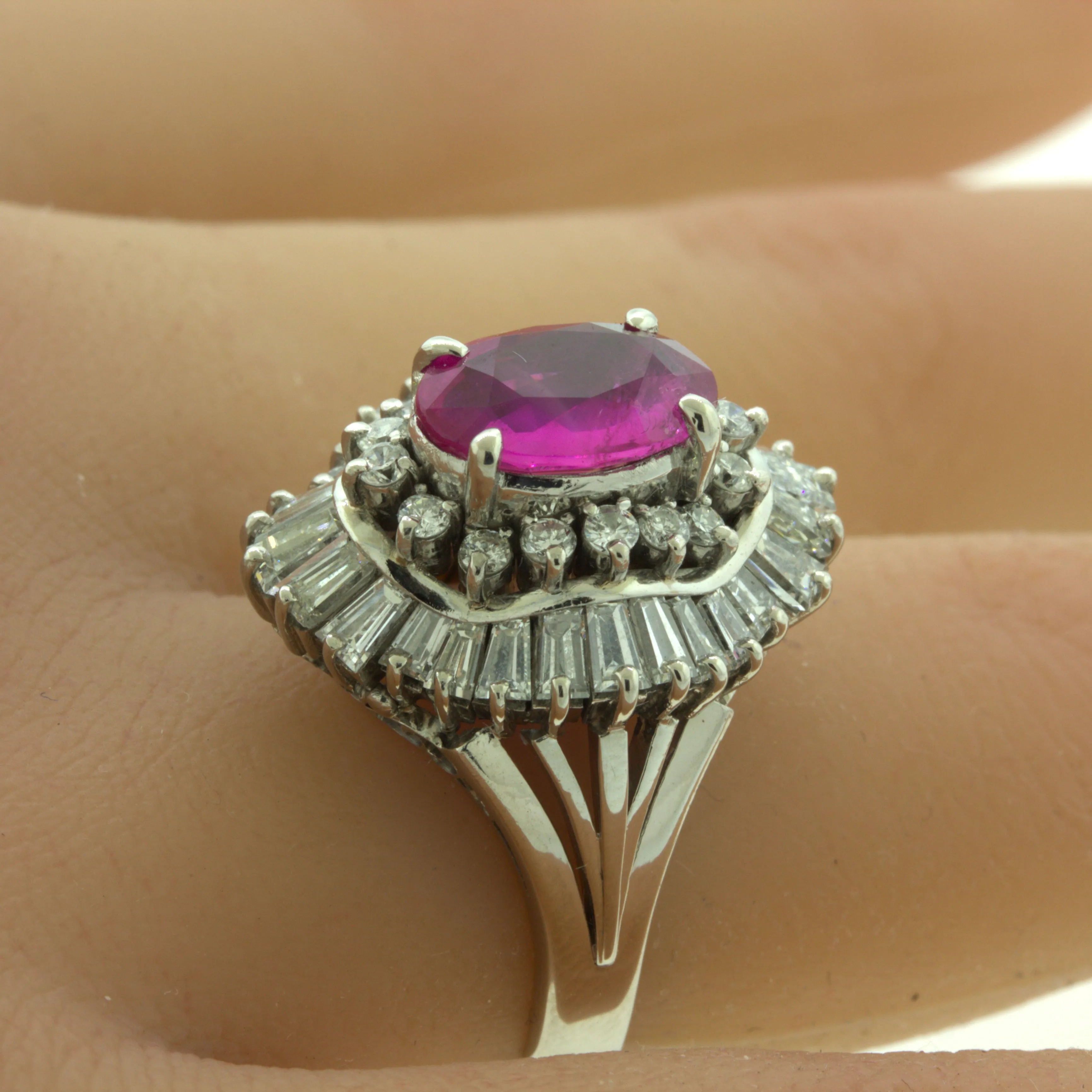 2.31 Carat No-Heat Burmese Ruby Diamond Platinum Ballerina Ring, AIGS Certified