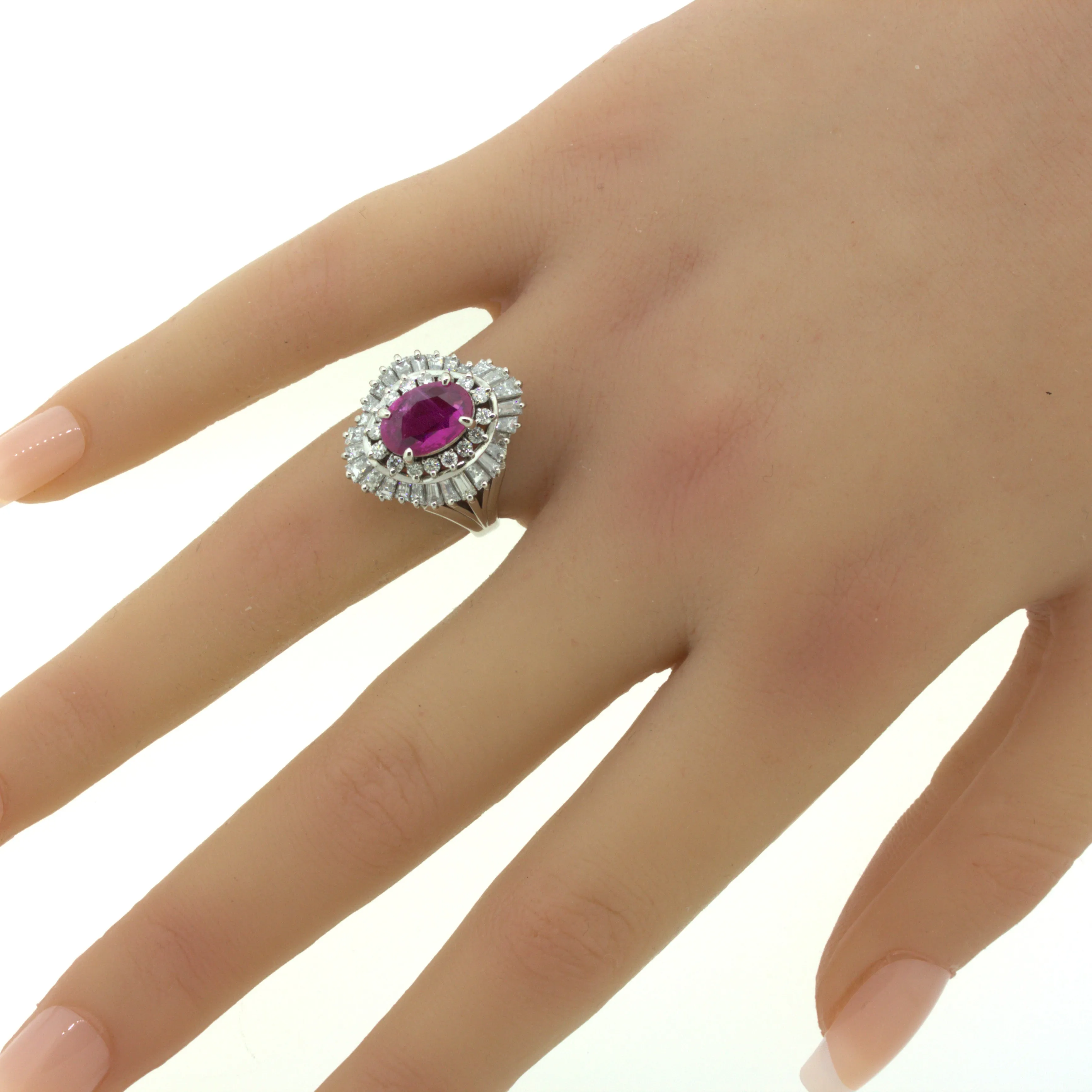 2.31 Carat No-Heat Burmese Ruby Diamond Platinum Ballerina Ring, AIGS Certified