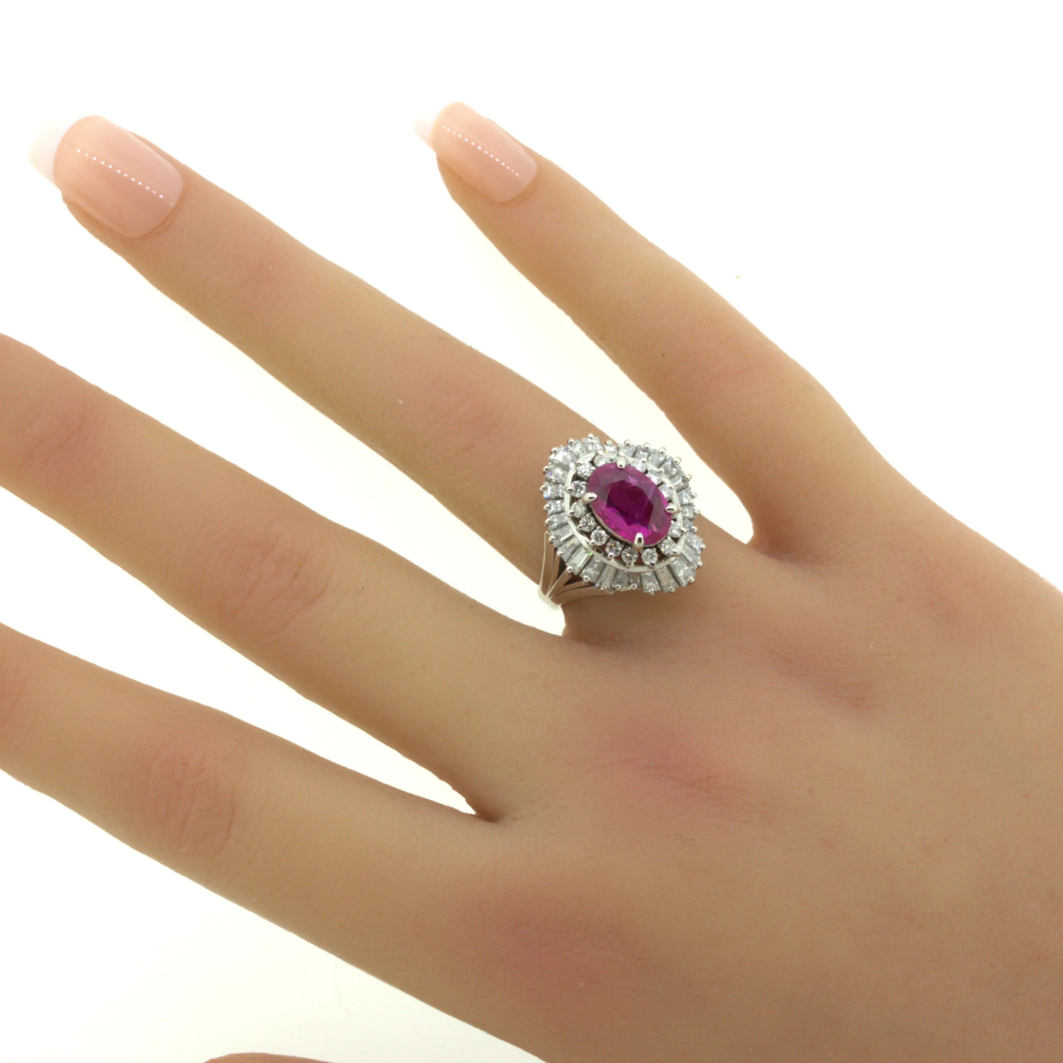 2.31 Carat No-Heat Burmese Ruby Diamond Platinum Ballerina Ring, AIGS Certified