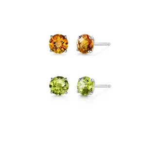 24k White Gold Plated 2Ct Created Citrine and Peridot 2 Pair Round Stud Earrings