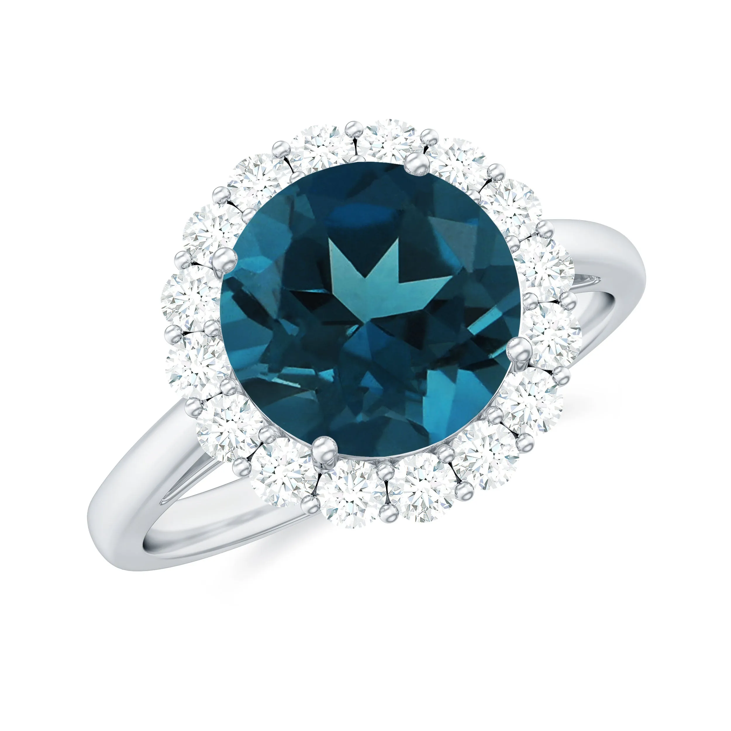 2.50 CT Round Shape London Blue Topaz Engagement Ring with Moissanite Halo