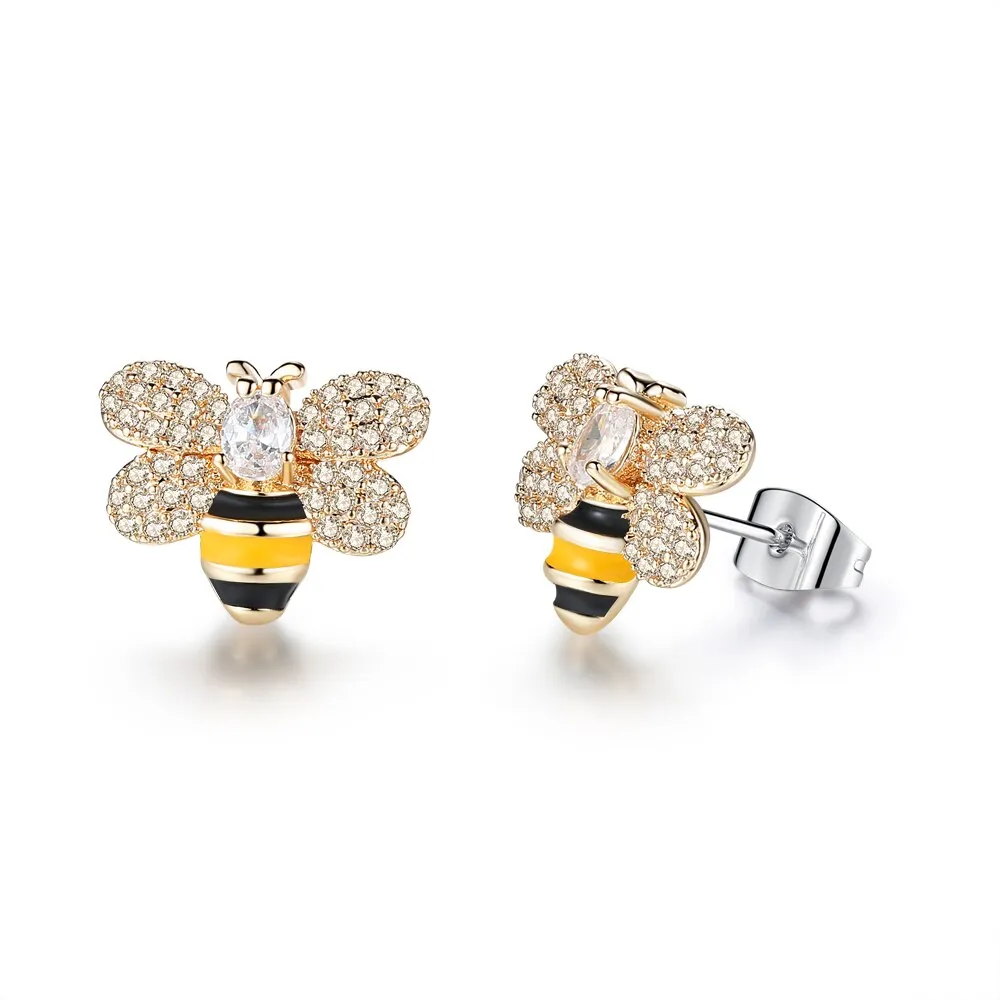 3 Styles Korean Inlaid Crystal Rhinestone Bee Earings For Women Sweet Beauty Simple Atmosphere Stud Earrings D333