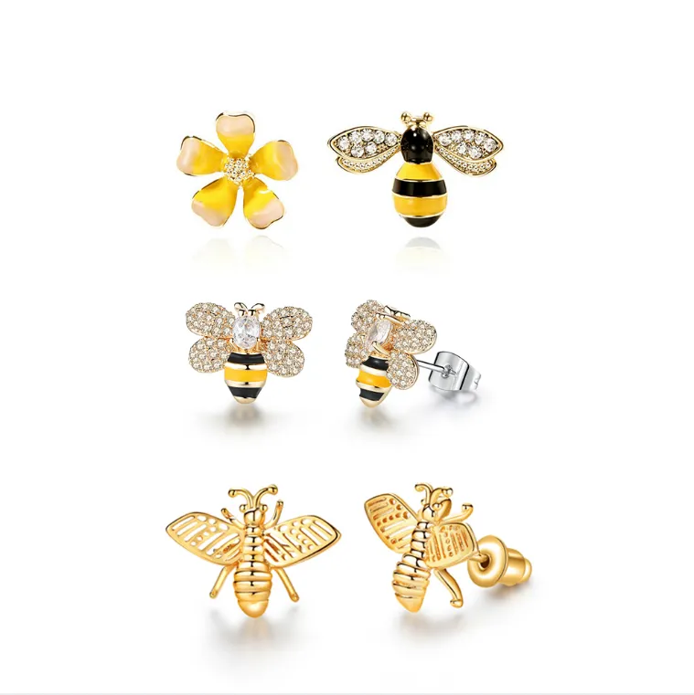 3 Styles Korean Inlaid Crystal Rhinestone Bee Earings For Women Sweet Beauty Simple Atmosphere Stud Earrings D333